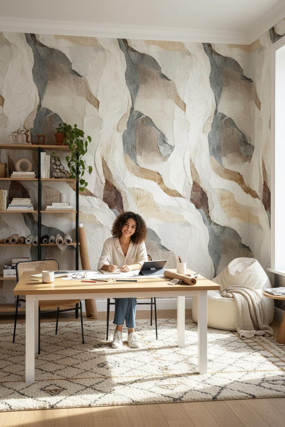 Abstract textured wallpaper in a modern room